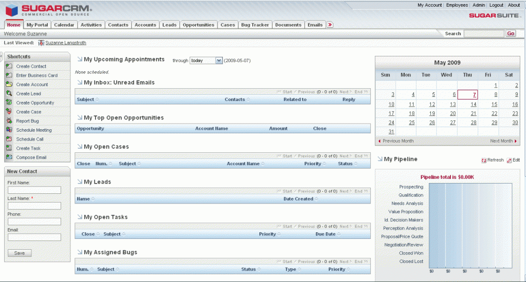 SugarCRM Front Page